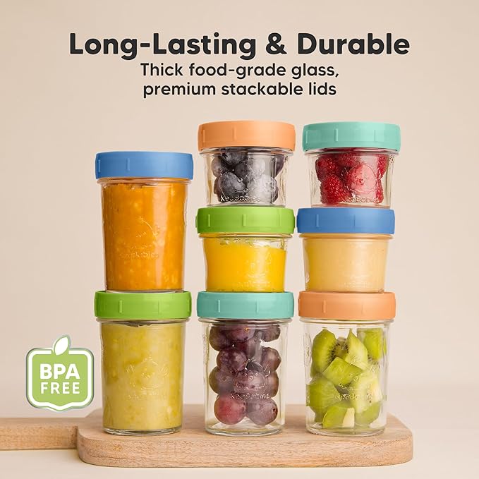 KeaBabies 4pk 8oz Glass Baby Food Containers with Lids - Leak-Proof, Microwavable Small Glass Jars, Baby Purees & Toddler Snack Storage Containers, BPA-Free, Dishwasher & Freezer Safe (Kea)-BubblyBeeBaby