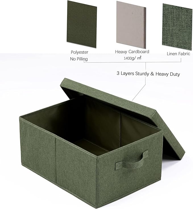 HOONEX Storage Bins with Lids for Organizing, Pack of 2, Storage Boxes with 2 Carrying Handles and Sturdy Heavy Cardboard, 16.5" L x 11.8" W x 7.5" H for Shoes, Books, Clothes, Olive-BubblyBeeBaby