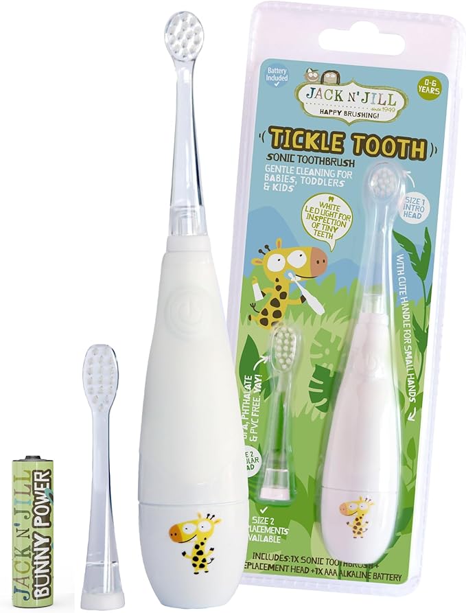 Jack N' Jill Tickle Tooth Sonic Electric Toothbrush with Replacement Head - Gentle Cleaning, Made for Tiny Teeth, LED Inspection Light, for Babies & Kids, Extra Soft Bristles - (1 Pack)-BubblyBeeBaby