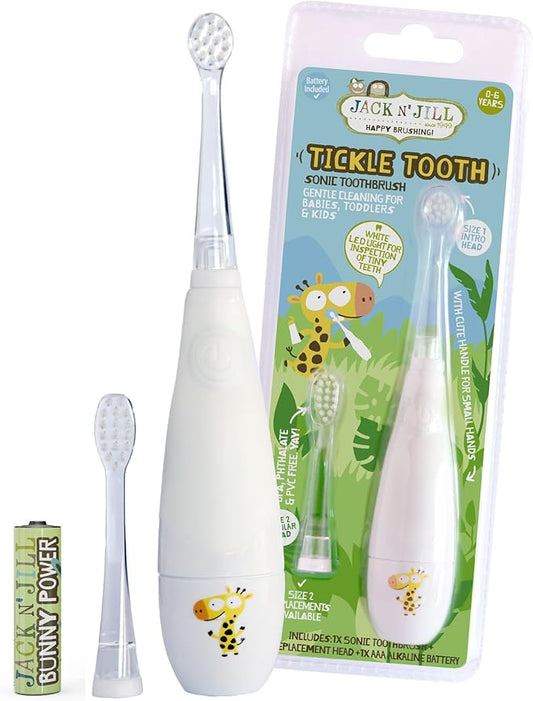 Jack N' Jill Tickle Tooth Sonic Electric Toothbrush with Replacement Head - Gentle Cleaning, Made for Tiny Teeth, LED Inspection Light, for Babies & Kids, Extra Soft Bristles - (1 Pack)-BubblyBeeBaby