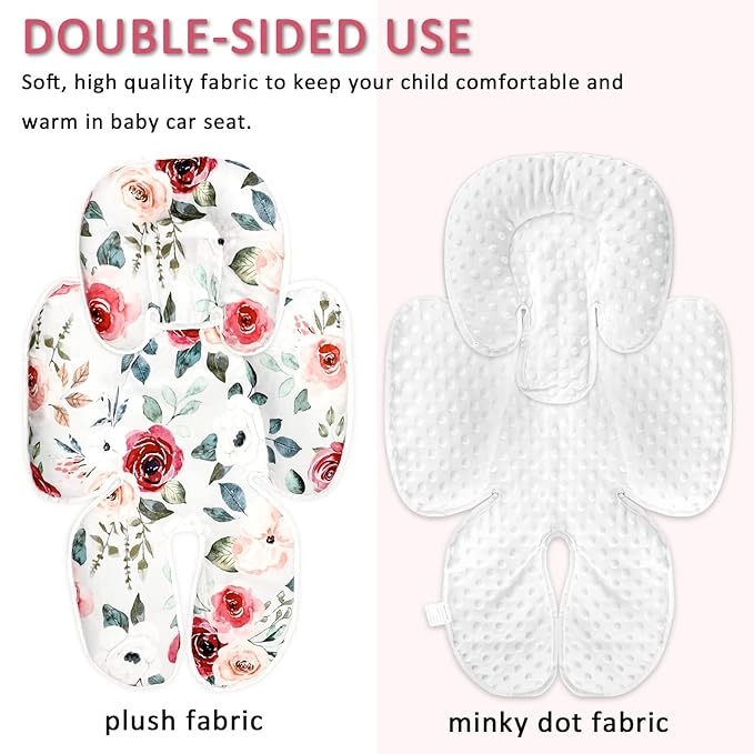 2 in 1 Infant Car Seat Insert, Car Seat Head Support Baby Girls Boys, Soft Newborn Carseat Insert Cushion, Perfect for Carseats, Strollers, Swings (Rose Flower)-BubblyBeeBaby
