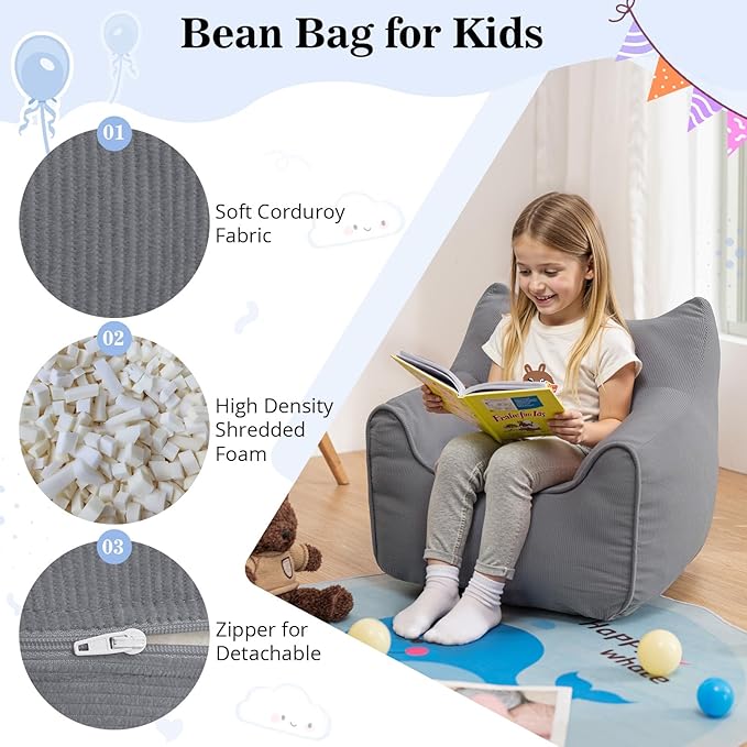 HOMMPA Bean Bag Chair for Kids Stuffed Toddler Bean Bag Sofa with Pocket Filler Cat Shaped Bean Bag Chair Boys and Girls Baby Lazy Floor Sofa Chair for Gaming Reading Playing Grey-BubblyBeeBaby
