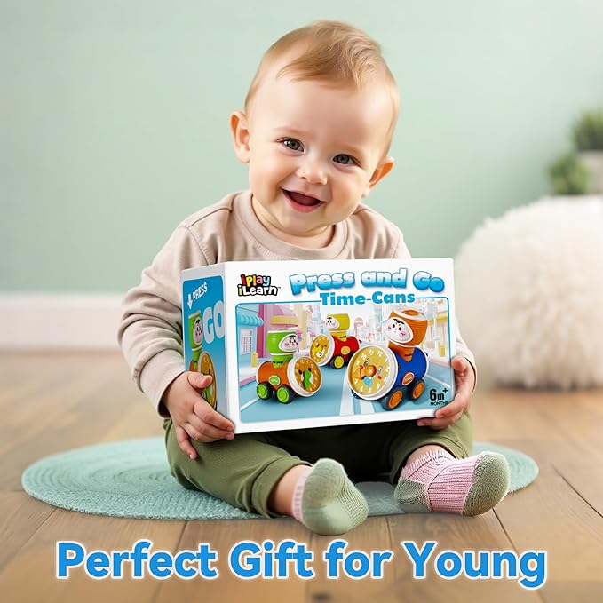 iPlay, iLearn Press to Go Car Toys Set for Toddlers 1-3, Baby Push Go Friction Racing Cars, Infant Play Vehicle Set, 1st Birthday Gifts for 6-9-12-18 Months, 1 2 3 One Years Old Boys Girls Child Kids-BubblyBeeBaby