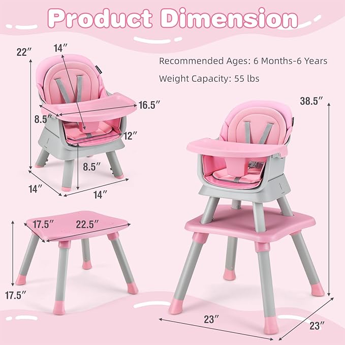 HONEY JOY 8 in 1 Baby High Chair, Convertible Highchair for Babies and Toddlers/Table and Chair Set/Building Block Table/Booster Seat/Stool/Toddler Chair with Safety Harness (Pink)-BubblyBeeBaby