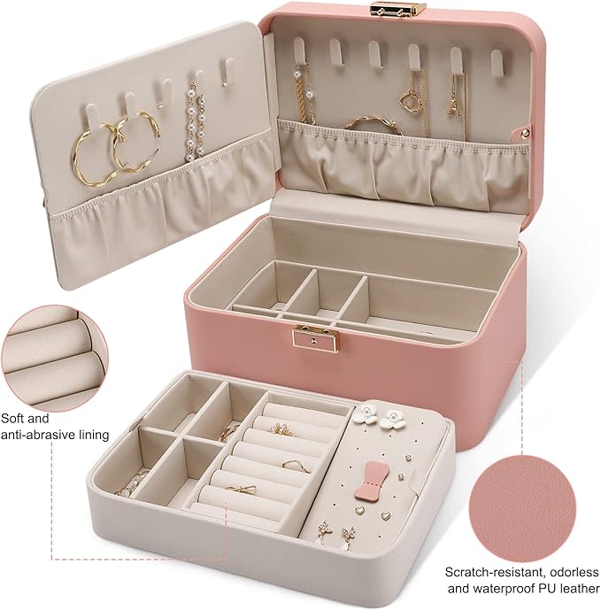 KAMIER Jewelry Boxes for Women, 2 Layers PU Leather Travel Jewelry Box, Large Capacity, Double Lock and Large Mirror, Hidden Necklace Hooks, Removable Dividers, Gift Box Packaging, Pink-BubblyBeeBaby