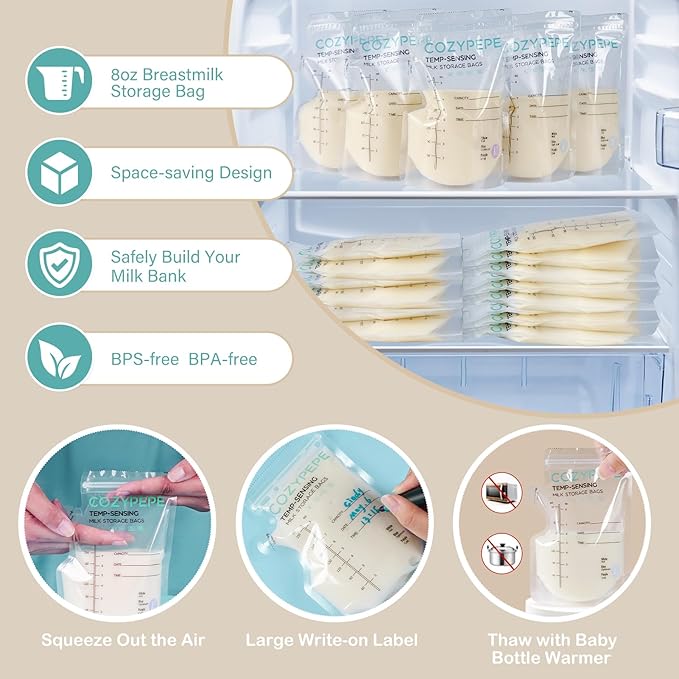 200 Pcs Breastmilk Storage Bags, 8oz Breast Milk Storing Bag with Pour Spout, Temperature-Sensing Color Change Milk Bag for Convenient Breastfeeding, No Leak Presterilized for Freezer-BubblyBeeBaby
