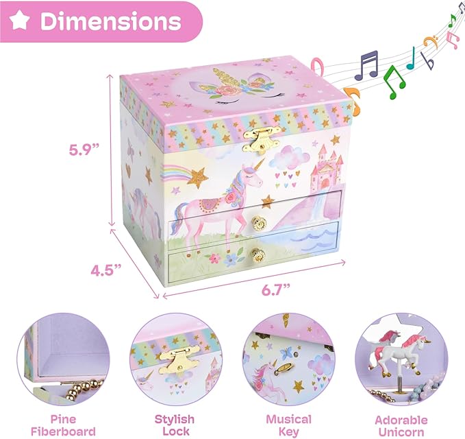 Jewelkeeper Enchanting Unicorn Musical Jewelry Box for Girls - Sparkling Rainbow Design Music Box with 2 Pullout Drawers to Store Earrings, Necklace and Bracelets - Plays The Beautiful Dreamer Tune-BubblyBeeBaby