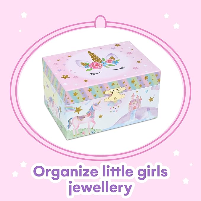 Jewelkeeper Musical Jewelry Box for Girls with Spinning Unicorn, Glitter Rainbow and Stars Design Music Box for Necklace, Earrings, and Accessories, Plays The Beautiful Dreamer Tune-BubblyBeeBaby