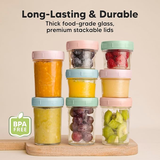 KeaBabies 4pk 8oz & 4pk 4oz Glass Baby Food Containers with Lids - Leak-Proof,Microwavable Small Glass Jars,Baby Purees & Toddler Snack Storage Containers,BPA-Free,Dishwasher & Freezer Safe(Musk Dusk)-BubblyBeeBaby