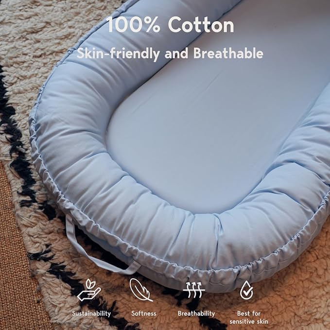 Infant Lounger, Baby Nest Cover for Baby Girls & Boys, Newborn Essentials for Baby 0-18+ Months, 100% Cotton Breathable (Baby Blue)-BubblyBeeBaby