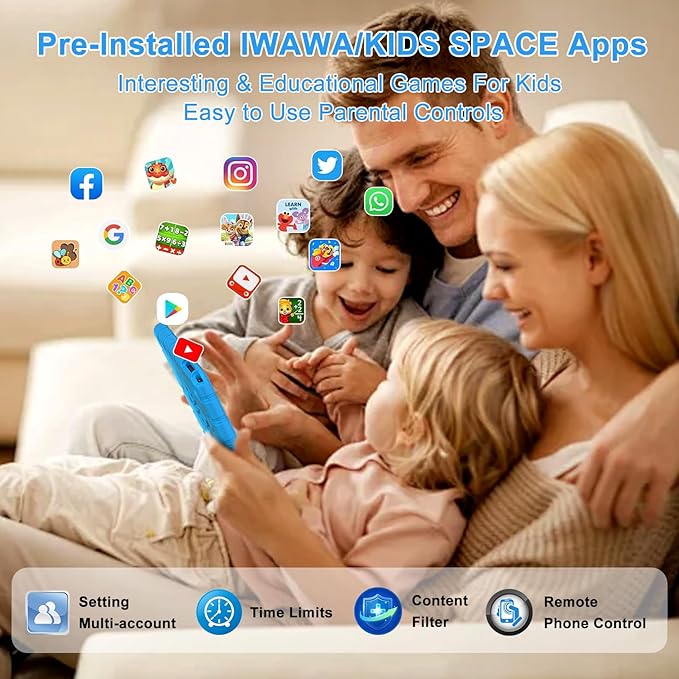 2025 Kids Tablet 10 inch Android 14 Tablets for Kid Octa-Core, 20GB+128GB (TF 1TB), Toddler Tablet with Shockproof Case, 2.4G+5G WiFi 6, Parental Control, Face Unlocked, Split Screen, BT5.0 (Blue)-BubblyBeeBaby