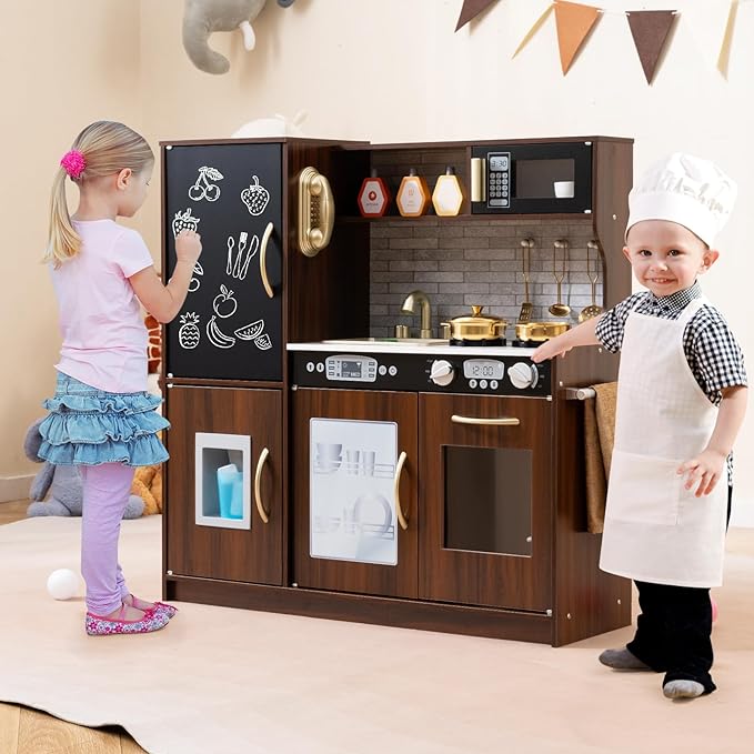 HONEY JOY Kids Kitchen Playset, Wooden Little Chef Pretend Toy Kitchen Set w/Chalkboard, Telephone, Utensils, Oven, Microwave, Sink, Storage, Play Kitchen for Toddlers Boys Girls, Espresso-BubblyBeeBaby