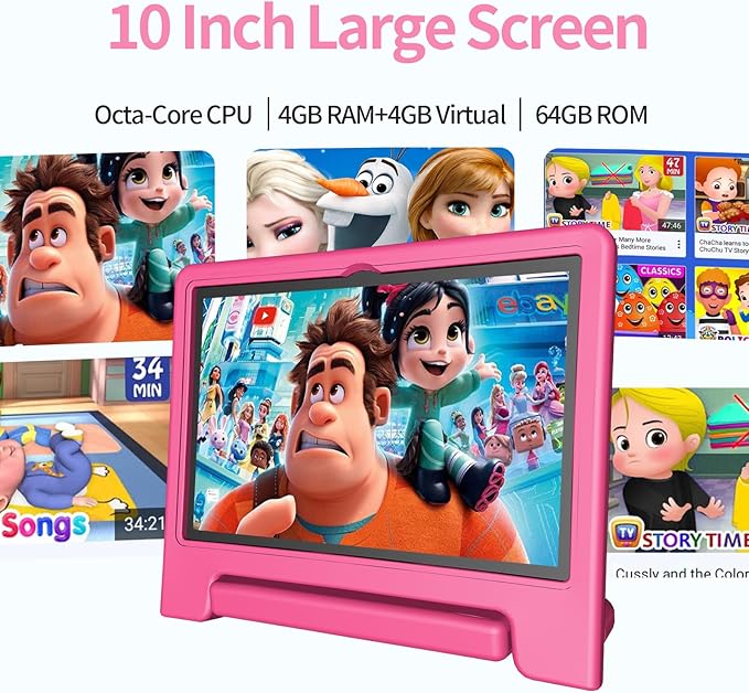 JREN Tablet for Kids｜10.1 Inch Kids Tablet Android 14｜Octa-core｜64GB｜WiFi ｜Bluetooth｜Parental Control｜Children Content｜Children Toddler Pink Girls Gift-BubblyBeeBaby