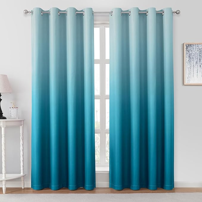 HOMEIDEAS Turquoise Ombre Blackout Curtains 52 X 96 Inch Length Gradient Room Darkening Thermal Insulated Energy Saving Grommet 2 Panels Window Drapes for Living Room, Bedroom-BubblyBeeBaby