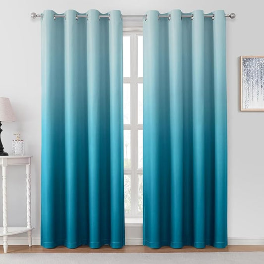 HOMEIDEAS Turquoise Ombre Blackout Curtains 52 X 96 Inch Length Gradient Room Darkening Thermal Insulated Energy Saving Grommet 2 Panels Window Drapes for Living Room, Bedroom-BubblyBeeBaby