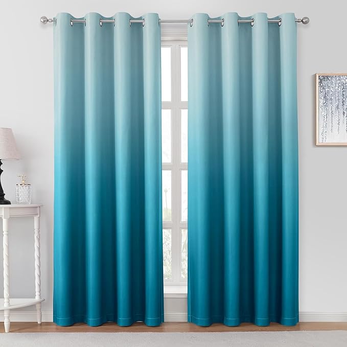 HOMEIDEAS Turquoise Ombre Blackout Curtains 52 X 84 Inch Length Gradient Room Darkening Thermal Insulated Energy Saving Grommet 2 Panels Window Drapes for Living Room, Bedroom-BubblyBeeBaby