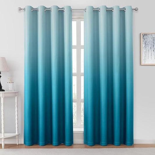HOMEIDEAS Turquoise Ombre Blackout Curtains 52 X 84 Inch Length Gradient Room Darkening Thermal Insulated Energy Saving Grommet 2 Panels Window Drapes for Living Room, Bedroom-BubblyBeeBaby
