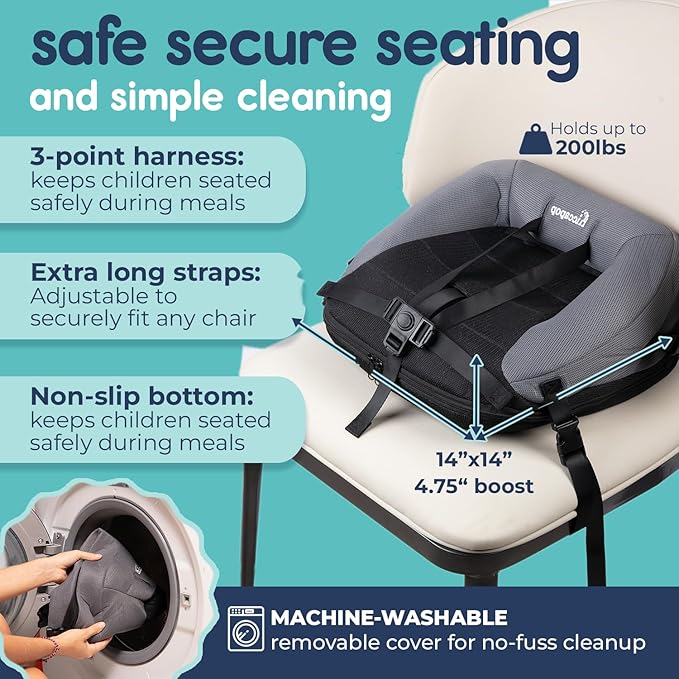 Hiccapop NeoBoost Inflatable Toddler Booster Seat for Dining Table – Portable, Quick-Inflate Design – Anti-Slip Base, Secure Straps, Easy-Clean – Perfect for Home & Travel, Black/Gray-BubblyBeeBaby