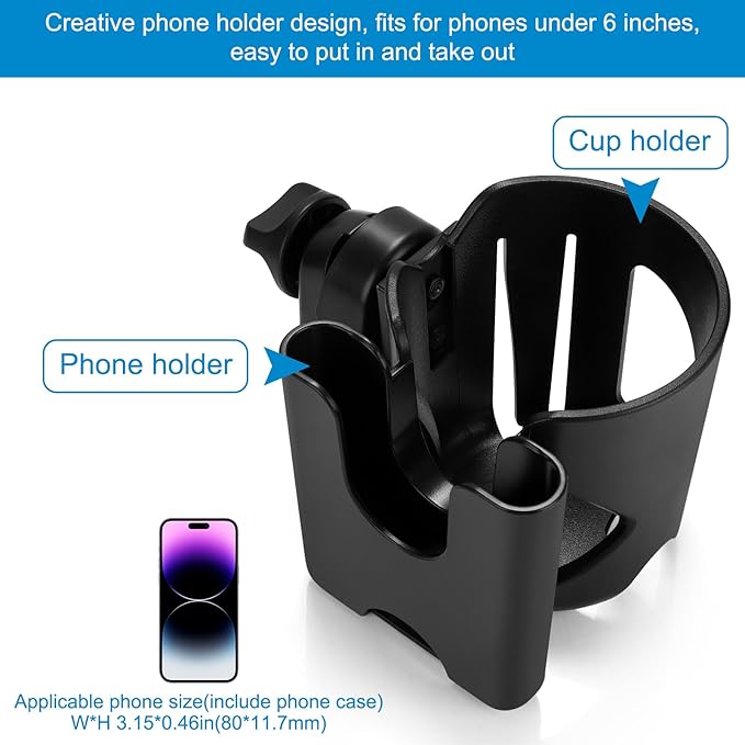 Accmor Universal Cup Holder, Stroller Cup Holder with Phone Holder, 360° Rotatable Large Caliber Designed Bottle Holder for Stroller, Bike, Wheelchair, Walker, Scooter-BubblyBeeBaby