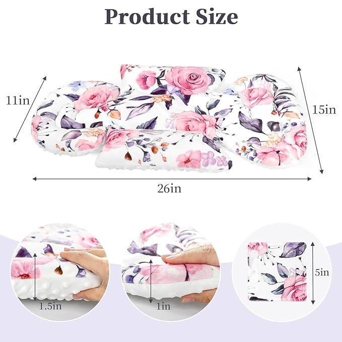 Pea Pod Infant Car Seat Insert with 3 Strap Covers, 3 in 1 Reversible Floral Baby Car Seat Head Support for Newborn, 3D Soft Minky Carseat Cushion for Preemie to Infant, Stroller, Swing, Bouncer-BubblyBeeBaby