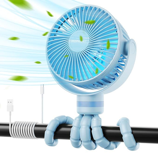 Momcozy Portable Stroller Fan, 8000mAh, 27H Ultra-long Battery Life, Detachable 4 Speed 360°Rotate, LED Night Light with 2 Modes, USB Rechargeable Handheld Cooling Fan for Travel, Car Seat, Bedroom-BubblyBeeBaby