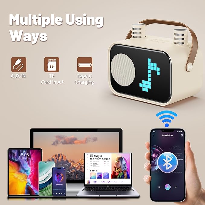 Karaoke Machine for Kids Adults, Portable Bluetooth Karaoke Speaker with 2 Wireless Microphones, Pixel Display Light, Birthday Gifts Toys for Girls & Boys Ages 3, 4, 5, 6, 7, 8, 9,10,11,12+ Years-BubblyBeeBaby