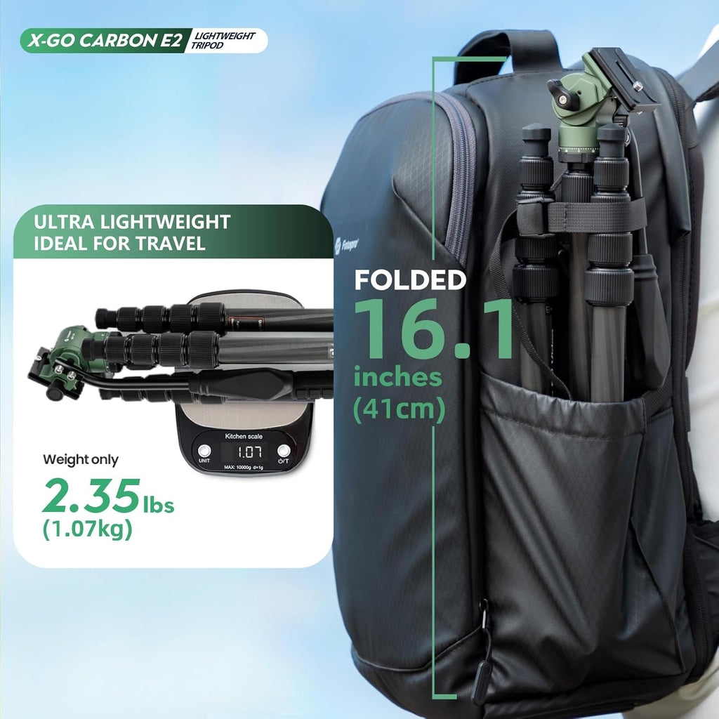 Fotopro 59" Carbon Fiber Travel Tripod, Compact Video Tripods with Fluid Head, Detachable Monopod with Quick Release Plate and Bag, Camera Tripod Load up to 8KG/17.63lbs, Green