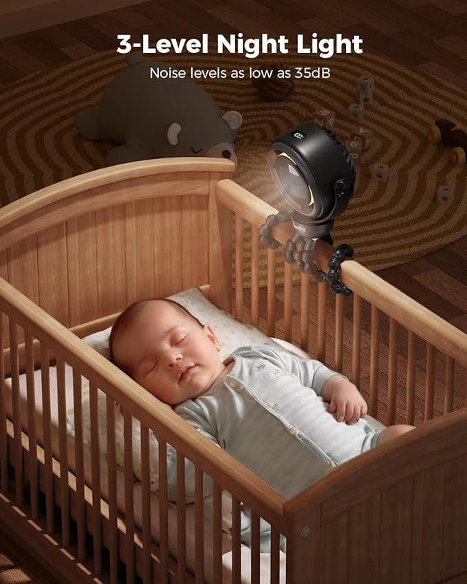 SWEETFULL Baby Stroller Fan - 4000mAh Rechargeable 4-Speed Quiet with LED Display & Night Light, Mini Portable 360° Clip On Safe Fan for Car Seat, Crib, Travel - Black-BubblyBeeBaby