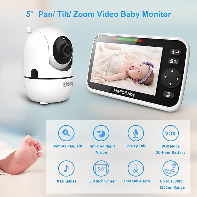 HelloBaby No WiFi Baby Monitor 5" Screen 30-Hour Battery Pan-Tilt-Zoom Video Upgrade with Camera and Audio, Night Vision, VOX, 2-Way Talk, 8 Lullabies and 1000ft Range, HB6550-BubblyBeeBaby