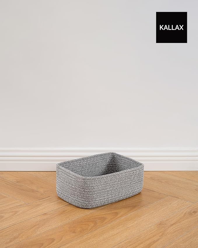 KALLAX Small Woven Basket, 12 x 8 x 4.5 Inches, Storage Basket for Organizing, Cute Small Rope Shelf Closet Cube Storage Bins Baskets for Shelves, Dog Toy Gift Baskets Empty, 3 Packs, Mixed Grey-BubblyBeeBaby