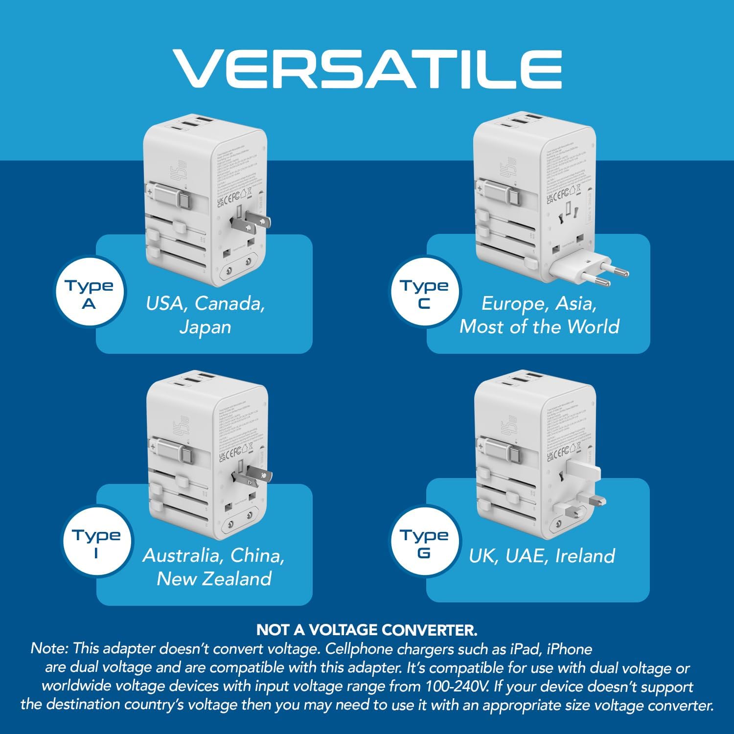Ceptics 5 in 1 International Travel Adapter with PD 45W Retractable USB-C Cable 65cm, 2X USB-A 2.4A, 1x USB-C 3A, Travel Adapter Worldwide for Laptop, Phones and Cameras for US, EU, UK, UP-45WC-WH