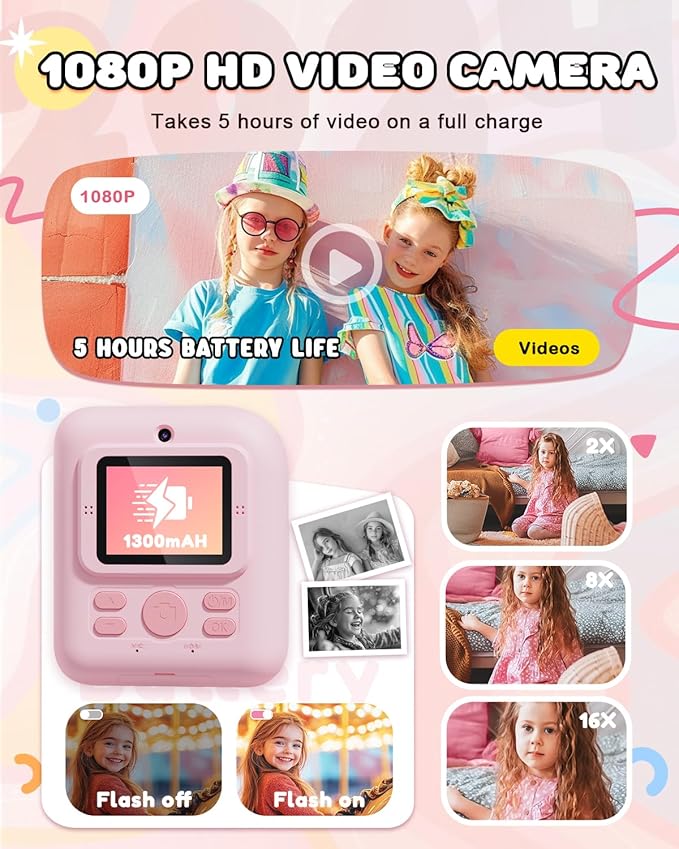 JOYJAM Kids Camera Instant Print, Upgrade Dual-Lens Selfie Digital Camera for Kids, HD 1080P, Christmas Birthday Gifts Toys for Girls Age 3-12, Toddler Portable Toy with SD Card 3 Rolls Print Paper-BubblyBeeBaby