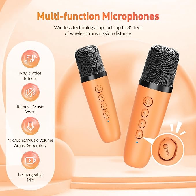 Karaoke Machine for Kids Adults: Mini Portable Karaoke Machine with 2 Wireless Microphones and Lights, Christmas Birthday Gifts for Girls Boys Family Home Party(Orange)-BubblyBeeBaby