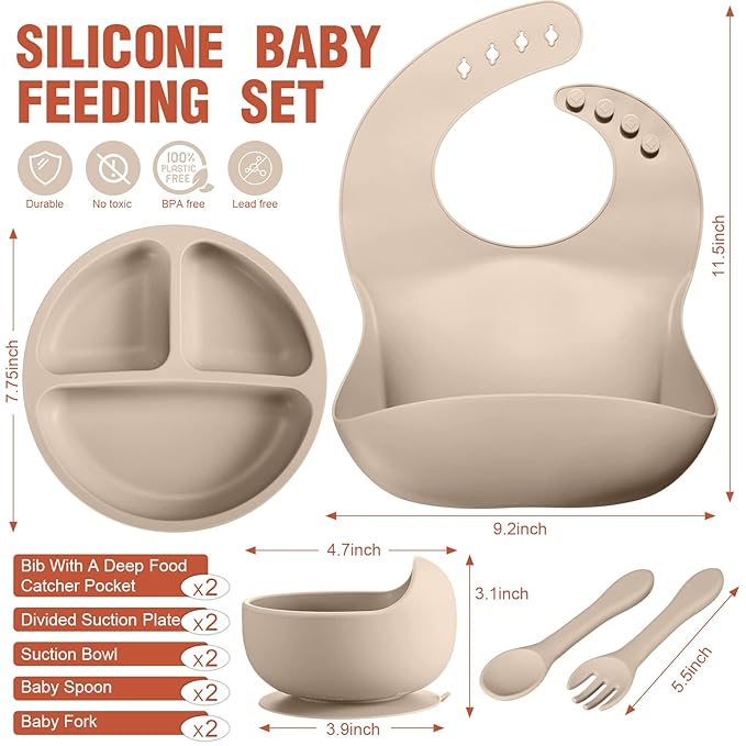 10 Pack Silicone Baby Feeding Set, Toddlers Led Weaning Feeding Supplies with Suction Baby Bowl Divided Plate Adjustable Bib Soft Silicone Spoon Fork, Infant Self Eating Utensil Set (Beige, Orange)-BubblyBeeBaby