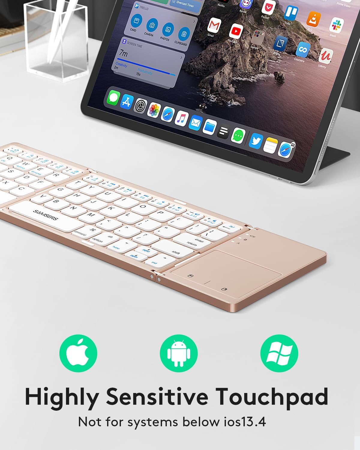 Samsers Foldable Bluetooth Keyboard with Touchpad - Portable Wireless Keyboard with Holder, Rechargeable Full Size Ultra Slim Pocket Folding Keyboards for Android Windows iOS Tablet & Laptop - Pink