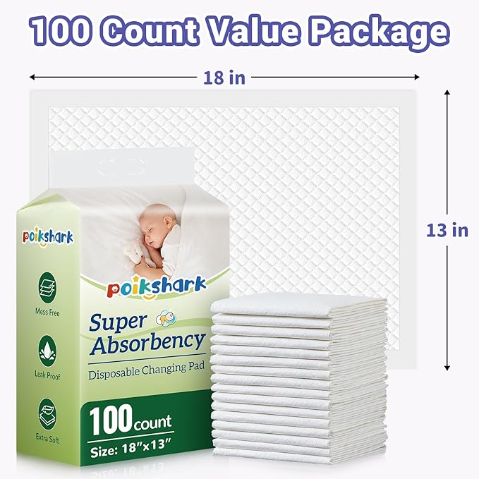 100 Pack Disposable Diaper Changing Pads for Baby Leakproof & Super Absorbency Disposable Underpads Large Toddler Pads Absorbent Fluff Protective Table Pads, Pee Pads for Babies, Kids 18" x 13"-BubblyBeeBaby