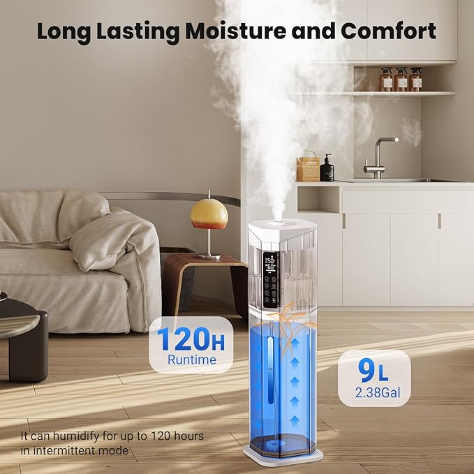 Humidifiers for Bedroom - GloryAir 2.38Gal/9L Top Fill Cool Mist Humidifier for Large Room 500ft² 120H Last with Auto Mode 7-Color Light Humidistat Aroma Box Quiet Humidifiers for Plants Baby & Adults-BubblyBeeBaby