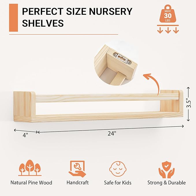 Heimlove Nursery Floating Shelves, Wood Nursery Book Shelves for Wall, 24 inch Wall Bookshelf for Kids Solid Wood for Books,Toys and Decor Storage, Set of 3-BubblyBeeBaby