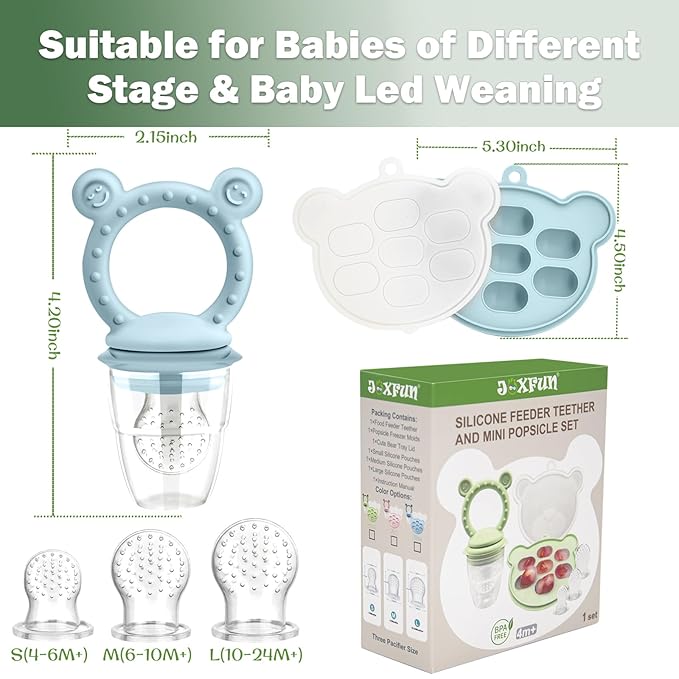 JEXFUN Silicone Baby Fruit Food Feeder Pacifier & Breastmilk Popsicle Freezer Molds for Cooling Relief, BPA Free Silicone Feeder to Safely Introduce New Foods, Double as Teething Toys, 4 Month+-BubblyBeeBaby