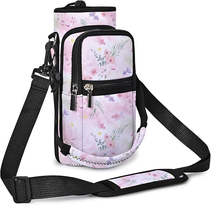 25/32/40/64oz Water Bottle Bag Holder Carrier-Insulated Crossbody Sling Case Sleeve with Strap & Pockets for Men Women Gym Cycling Travel Walking Hiking Camping-BubblyBeeBaby