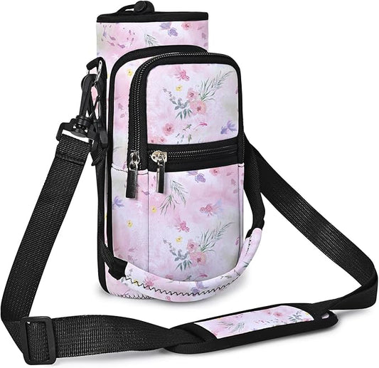 25/32/40/64oz Water Bottle Bag Holder Carrier-Insulated Crossbody Sling Case Sleeve with Strap & Pockets for Men Women Gym Cycling Travel Walking Hiking Camping-BubblyBeeBaby