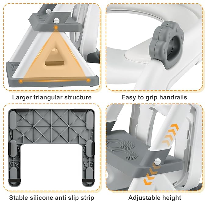 2 In 1 Potty Training Toilet Seat & Toddler Step Stool, Bottom Triangle Stability Toddler Toilet Seat, Adjustable Step & Seat Height Potty Seats (Grey)-BubblyBeeBaby