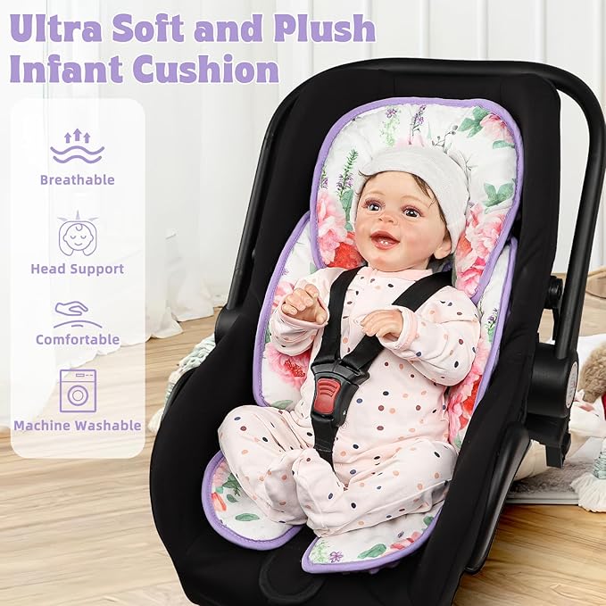Pea Pod Infant Car Seat Insert 2-in-1 Baby Car Seat Head & Body Support for Newborn Girl Reversible 3 Layer Warm Preemie Carseat Stroller Cushion Headrest with Soft Minky Dot Fabric, Pink Floral-BubblyBeeBaby