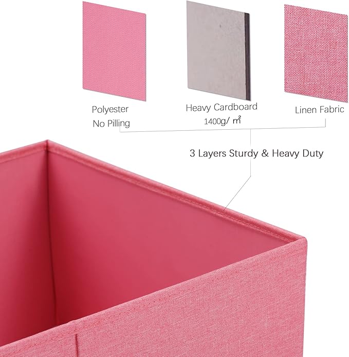 HOONEX Linen Foldable Storage Bins with Lids, 2 Pack, Storage Boxes with Carrying Handles and Sturdy Heavy Cardboard, 16.5" L x 11.8" W x 7.5" H for Shoes, Books, Clothes, Nursery, Pink-BubblyBeeBaby