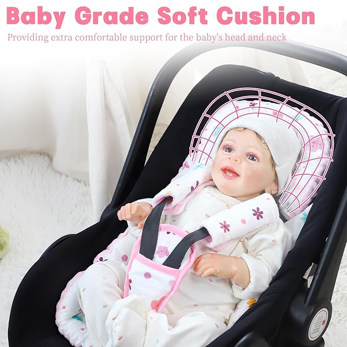 Infant Car Seat Insert with 3 Strap Covers, 3 in 1 Reversible Floral Baby Car Seat Head Support for Newborn, Baby Girl Newborn Essentials for Preemie to Infant, Stroller, Swing, Bouncer (Pink)-BubblyBeeBaby