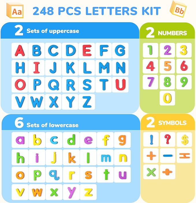 JoyCat Classroom Magnetic Letters Kit 248 Pcs with Double-Side 3D Foldable Magnetic Board - Foam Alphabet Letters&Numbers for Kids Spelling and Learning, Letter Board Tabletop Easel-BubblyBeeBaby