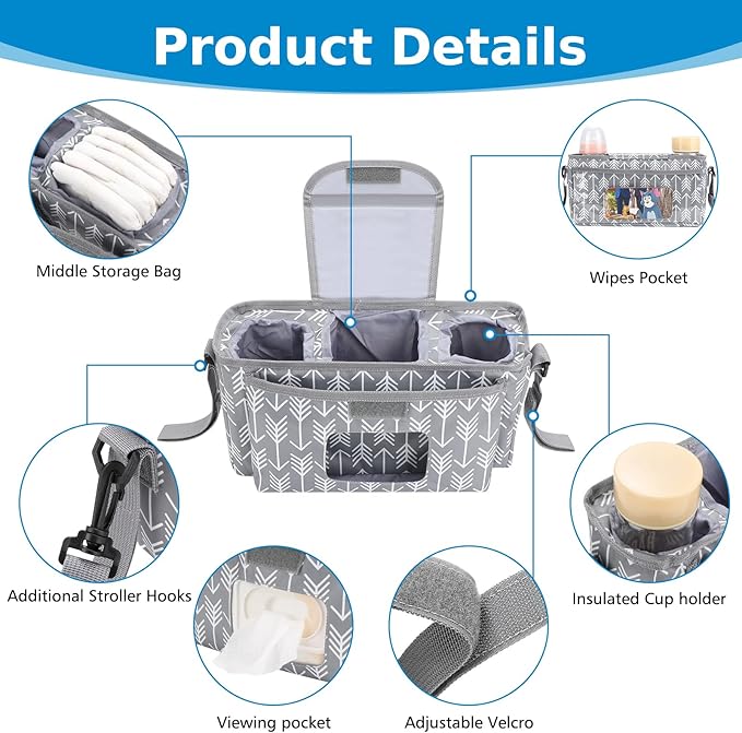 Accmor Universal Stroller Organizer with Insulated Cup Holder and Shoulder Strap, Stroller Bag Caddy Organizer Stroller Accessories for Uppababy, Baby Jogger, Nuna, Doona, Britax Strollers-BubblyBeeBaby