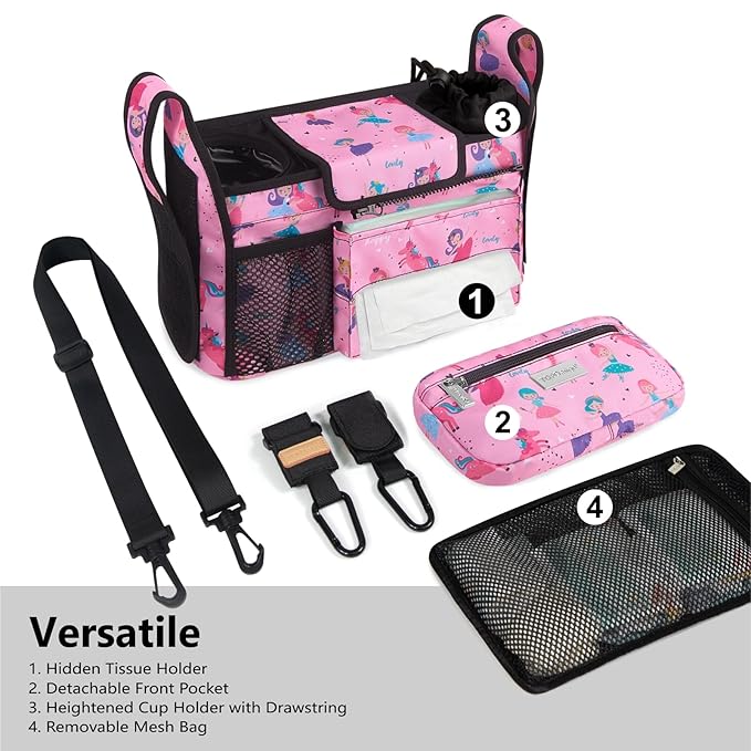 TOPDesign Universal Baby Stroller Organizer, Stroller Caddy with Detachable Mesh Bag & Heightened Insulated Cup Holders & Non-Slip Secure Hooks Accessories, Fits Most Strollers (Unicorns & Girls)-BubblyBeeBaby