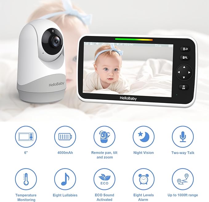 HelloBaby 6”IPS Large Screen, Video Baby Monitor with Upgraded 4000mAh Battery, 2-Way Talk, Night Vision, Pan-Tilt-Zoom, No WiFi, ECO Mode-BubblyBeeBaby