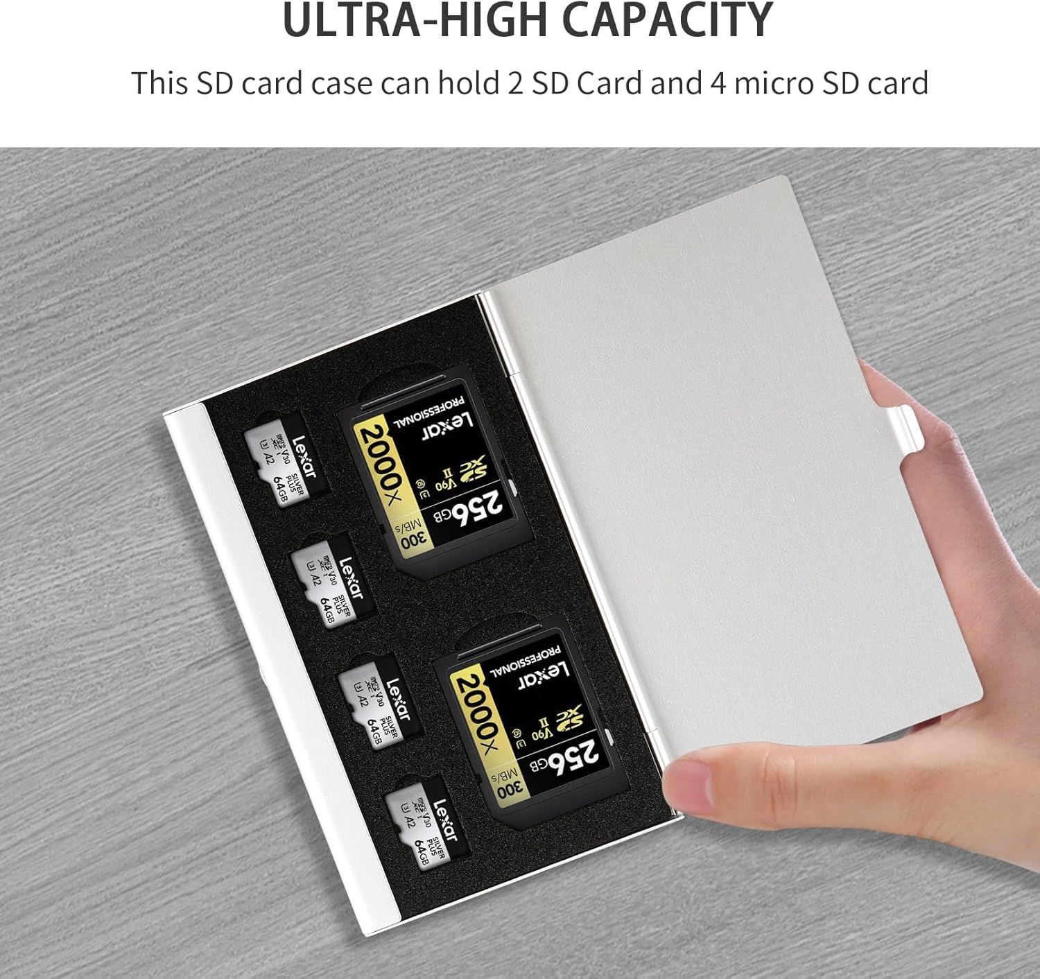 Aluminum SD Card Case, 6Slots Ultrathin SD Card Holder, Memory Card Storage Holder, Fit for 2 SD Card, 4 Micro SD Card, Silver